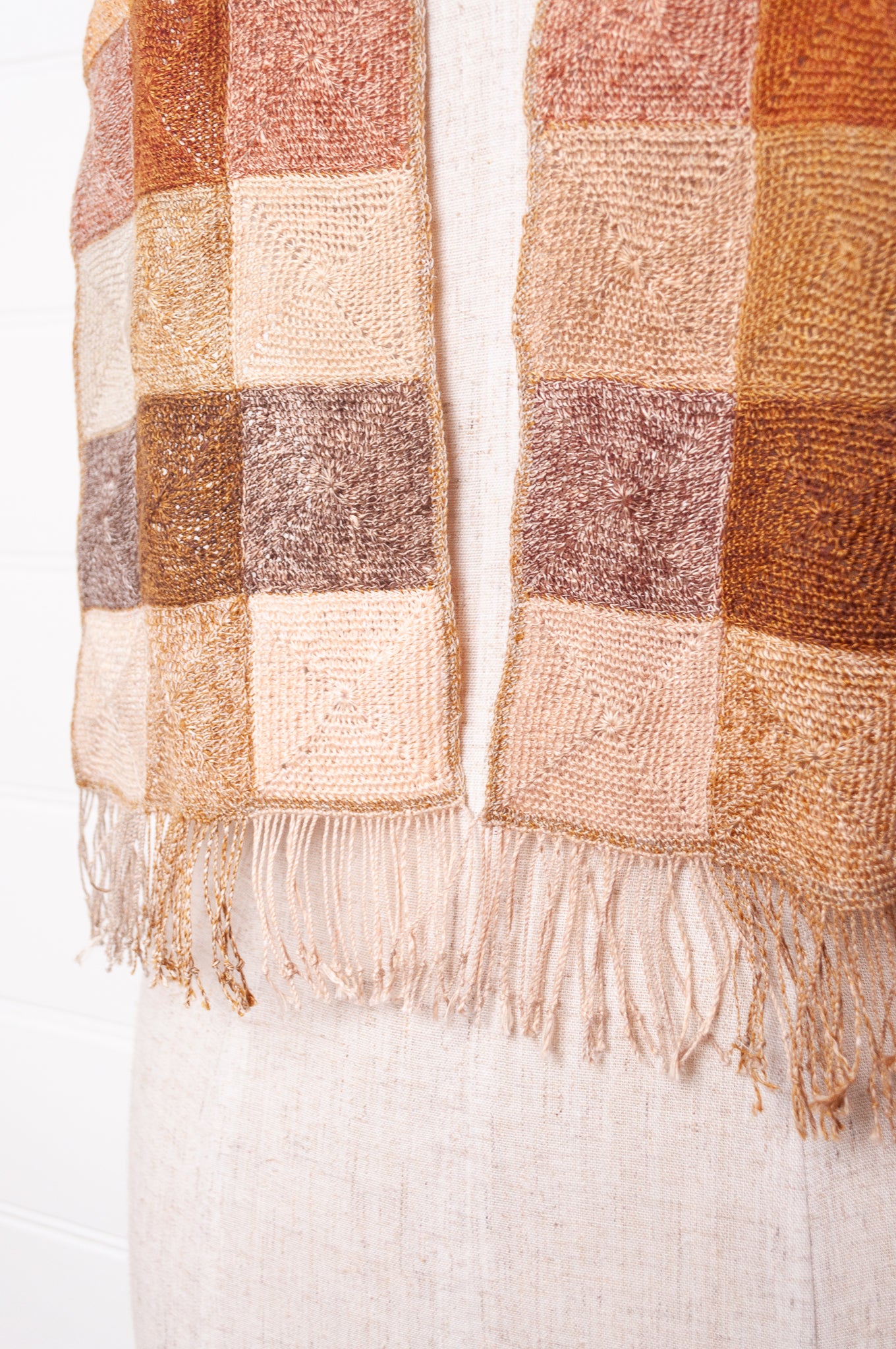 Sophie Digard crochet linen scarf, checks in natural tones.