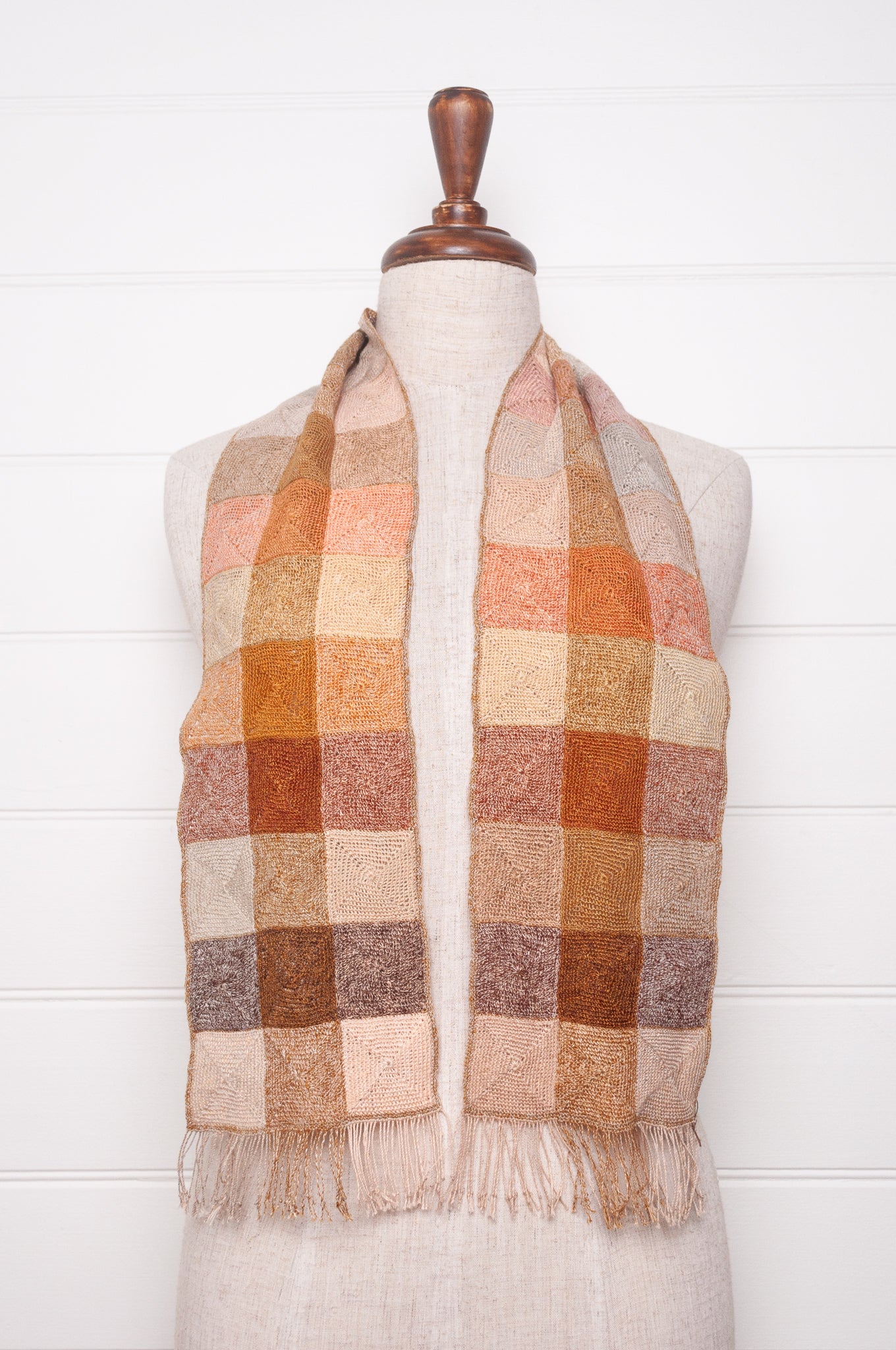 Sophie Digard crochet linen scarf, checks in natural tones.