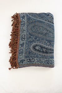 Tasseled wool and cotton throw - denim paisley / gingham floral
