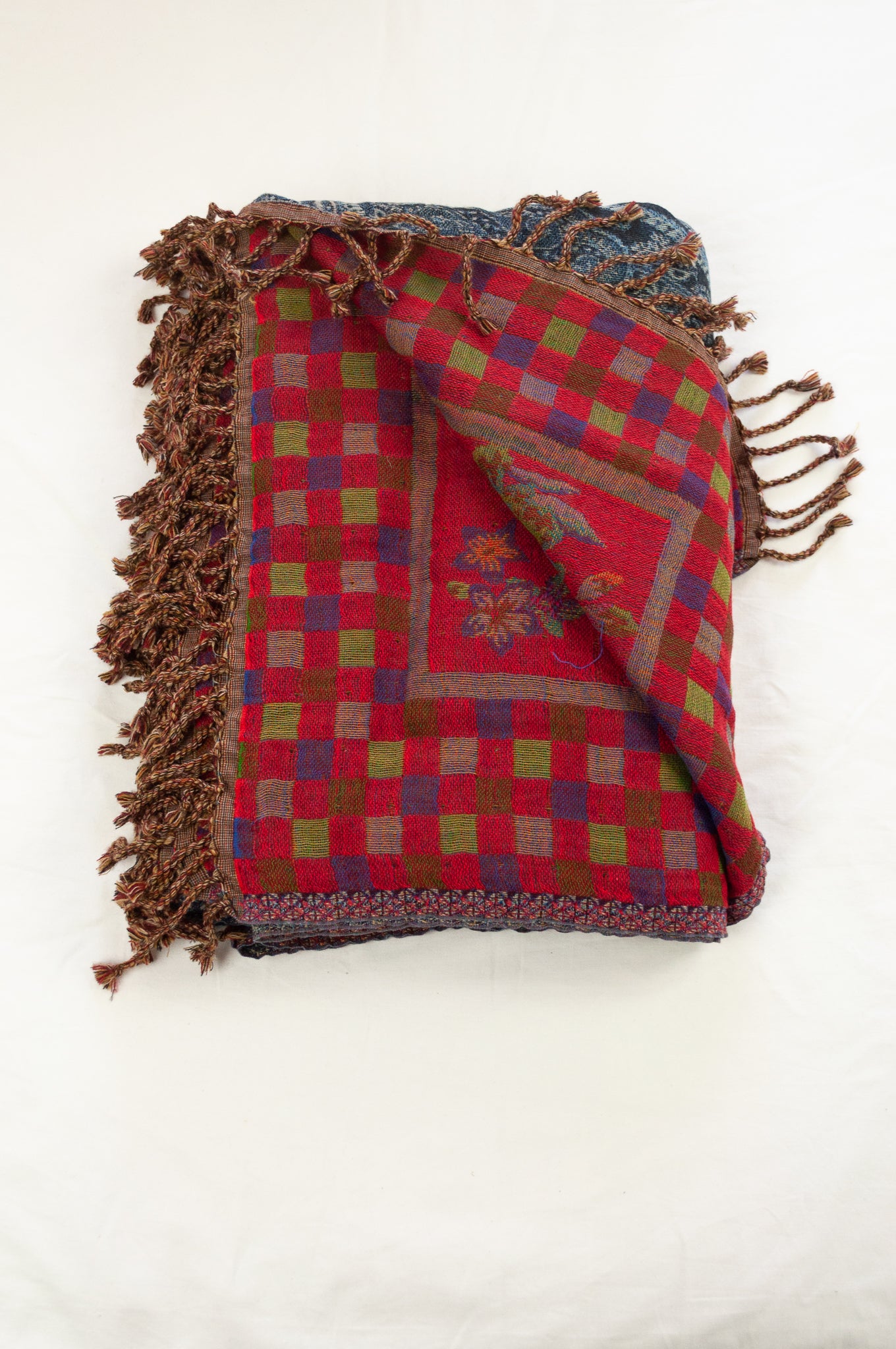Tasseled wool and cotton throw - denim paisley / gingham floral