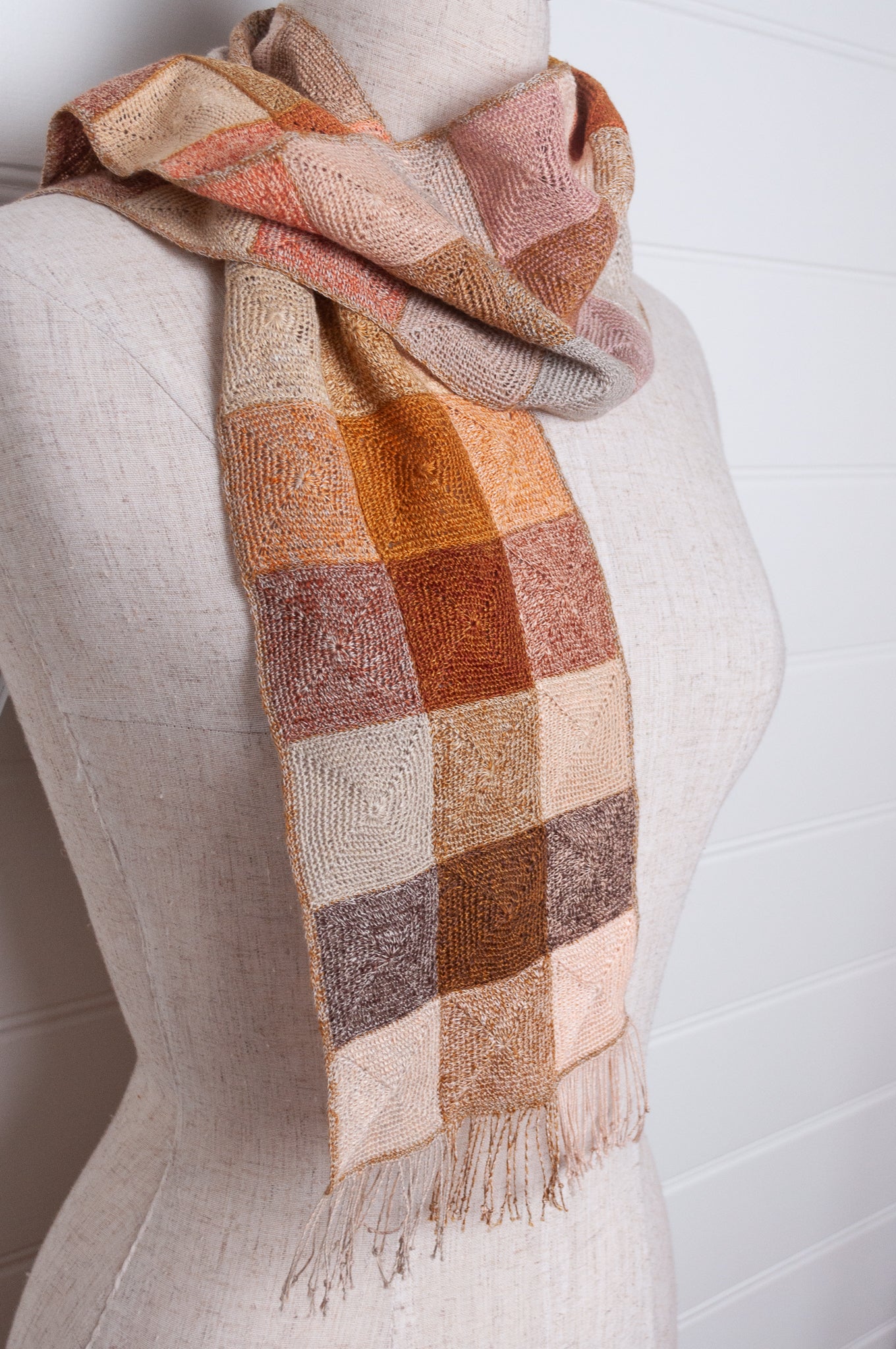 Sophie Digard crochet linen scarf, checks in natural tones.