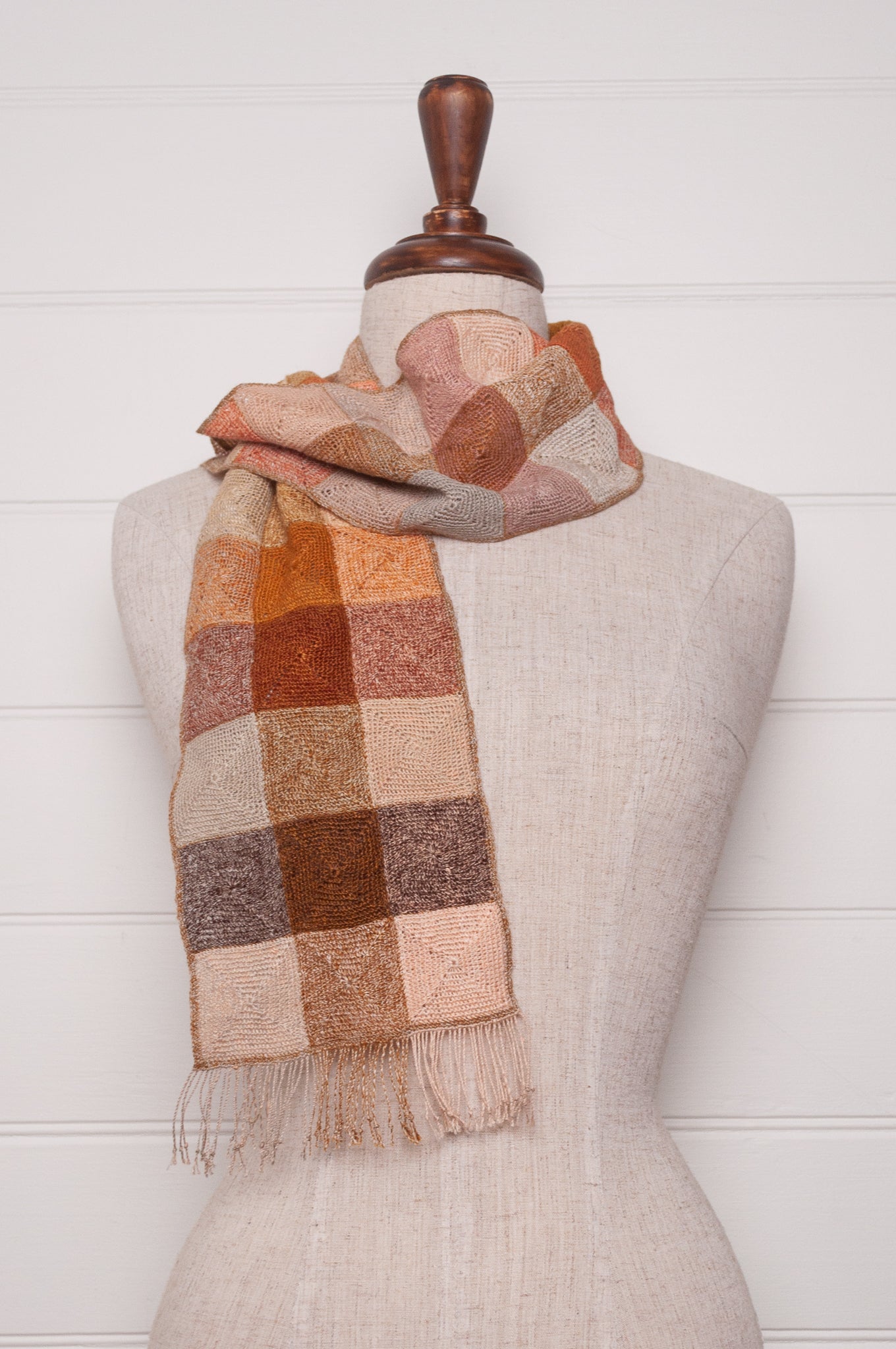 Sophie Digard crochet linen scarf, checks in natural tones.