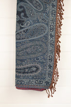 Load image into Gallery viewer, Tasseled wool and cotton throw - denim paisley / gingham floral