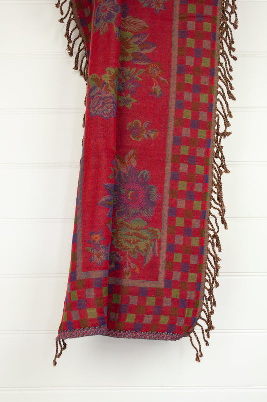 Tasseled wool and cotton throw - denim paisley / gingham floral