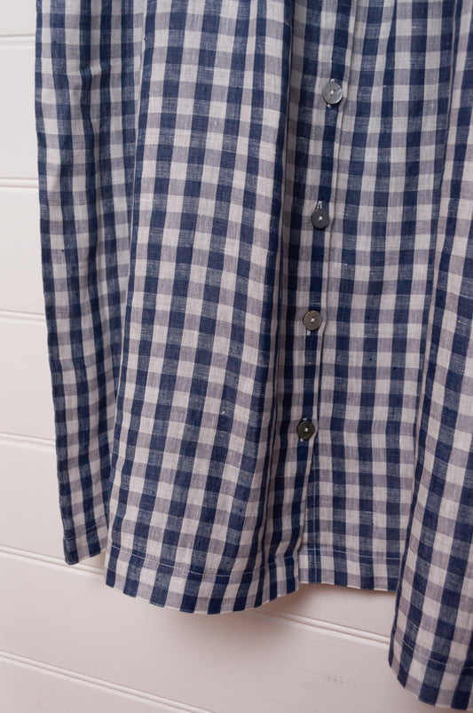 Dve Tara button up linen shirt dress in navy, white and silver gingham check linen.