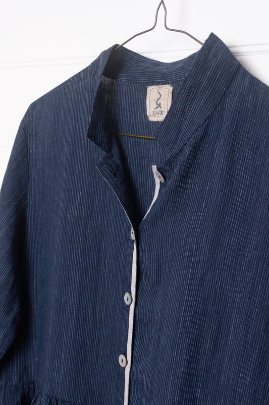DVE Tara button up shirt dress in pinstripe navy linen.