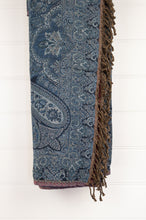 Load image into Gallery viewer, Tasseled wool and cotton throw - denim paisley / rust floral