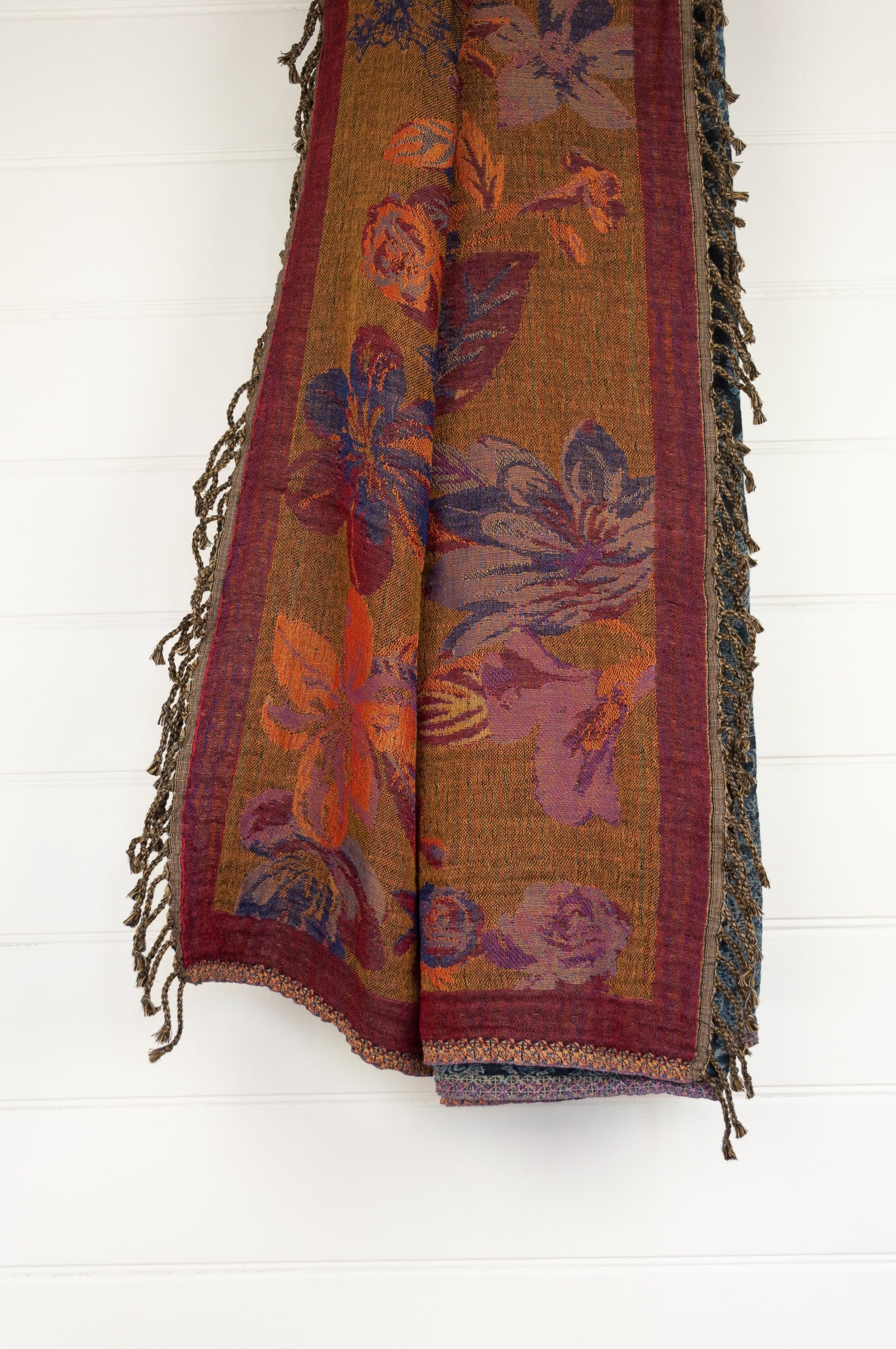 Tasseled wool and cotton throw - denim paisley / rust floral