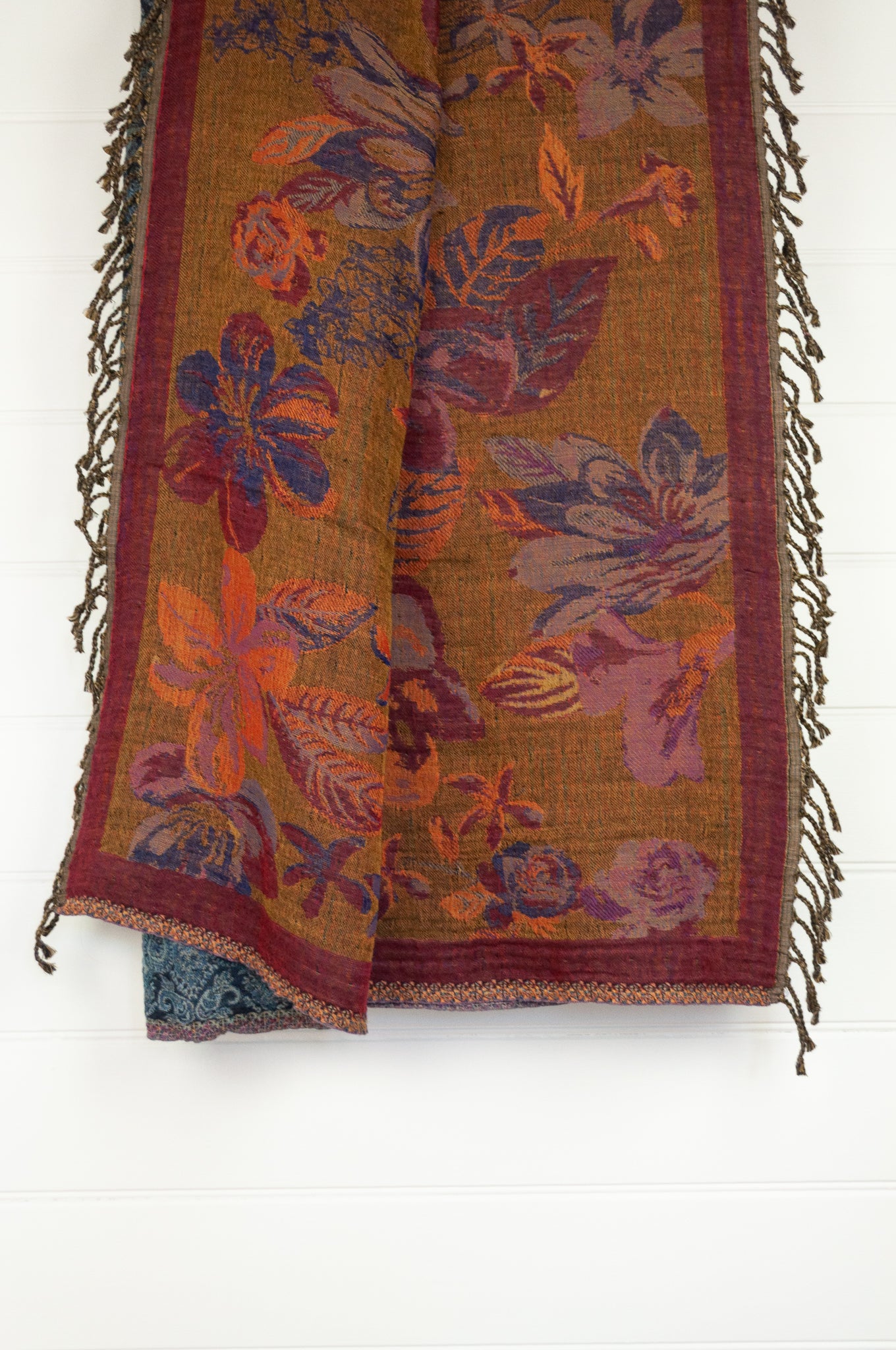 Tasseled wool and cotton throw - denim paisley / rust floral