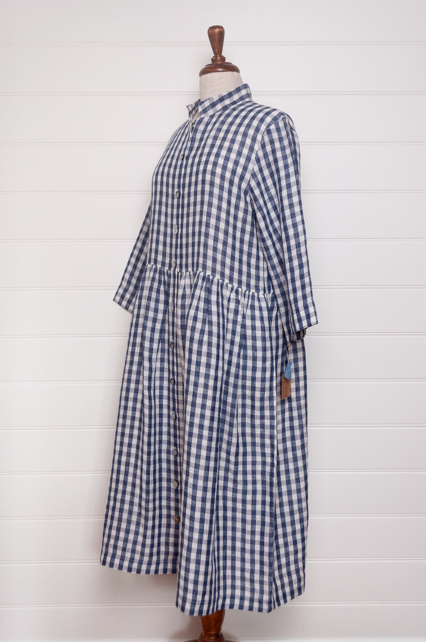 Dve Tara button up linen shirt dress in navy, white and silver gingham check linen.