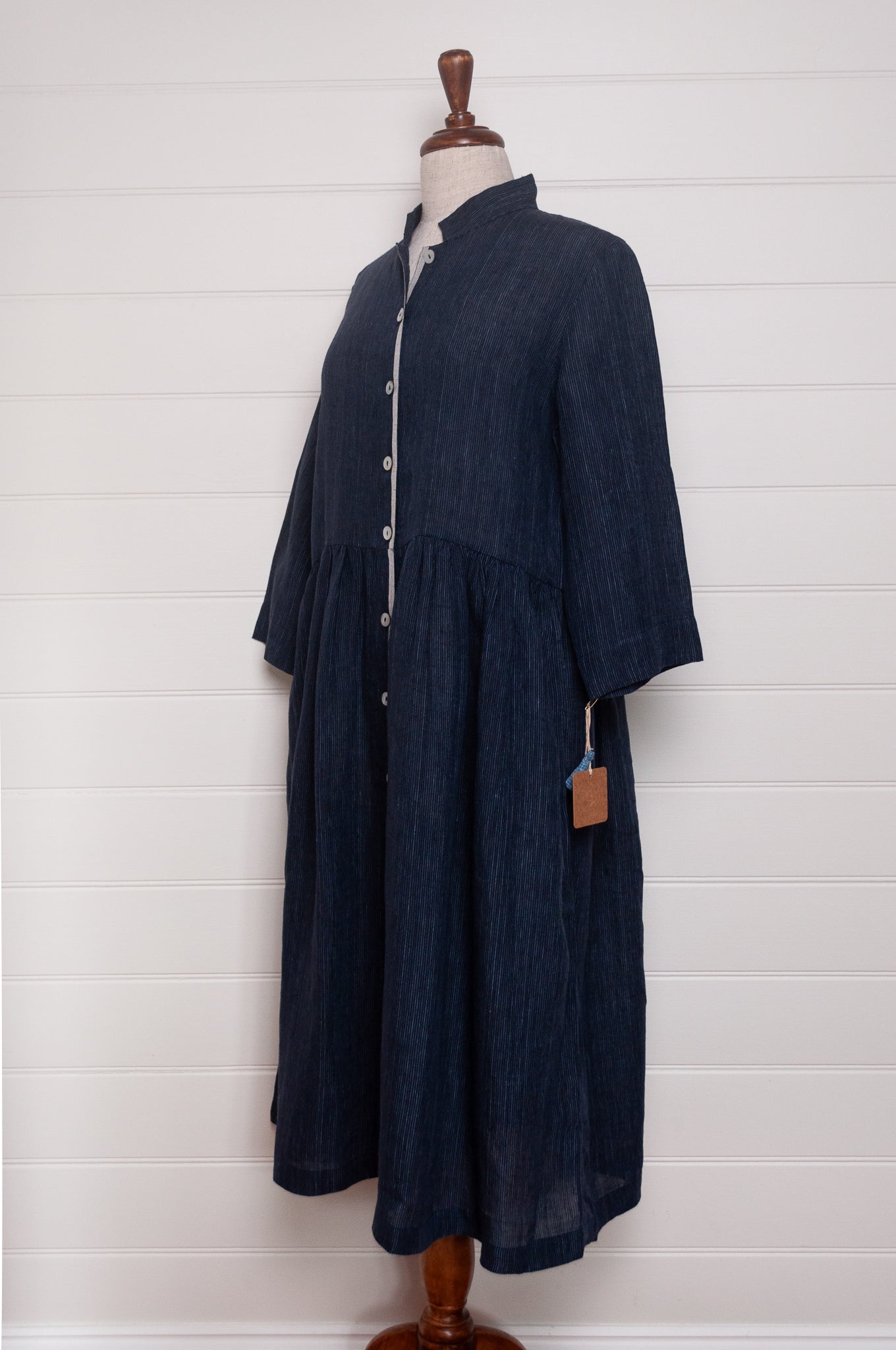 DVE Tara button up shirt dress in pinstripe navy linen.