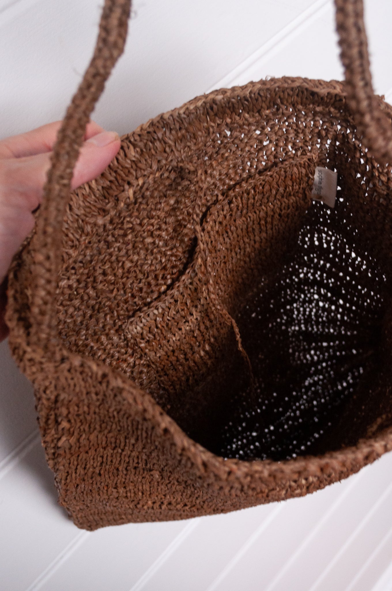 Sophie Digard cross body crocheted raffia bag in nutty brown, Dune.