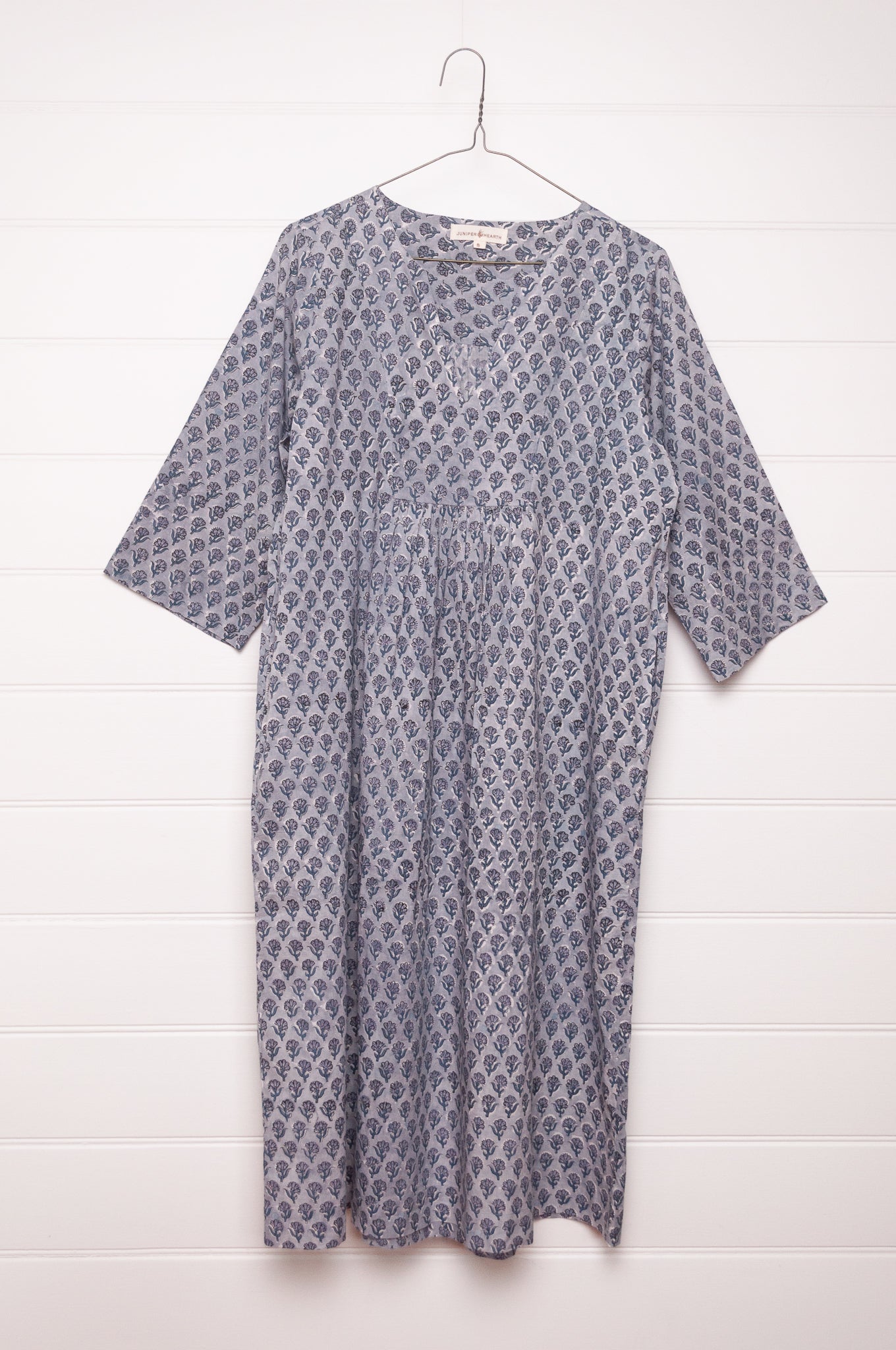 Juniper Hearth blockprint cotton Thea 3/4 sleeve dress in blue grey bhuti design.