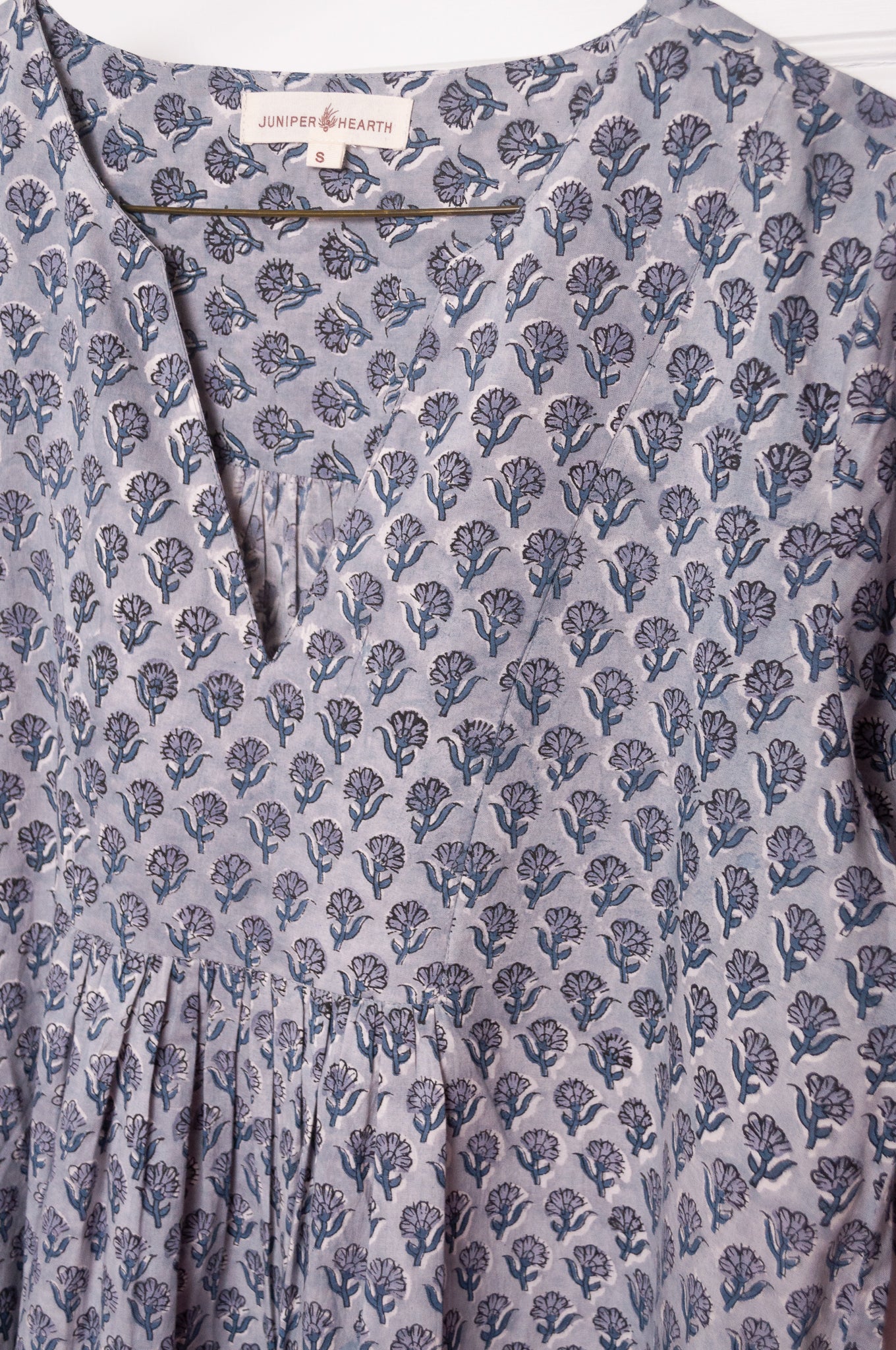 Juniper Hearth blockprint cotton Thea 3/4 sleeve dress in blue grey bhuti design.