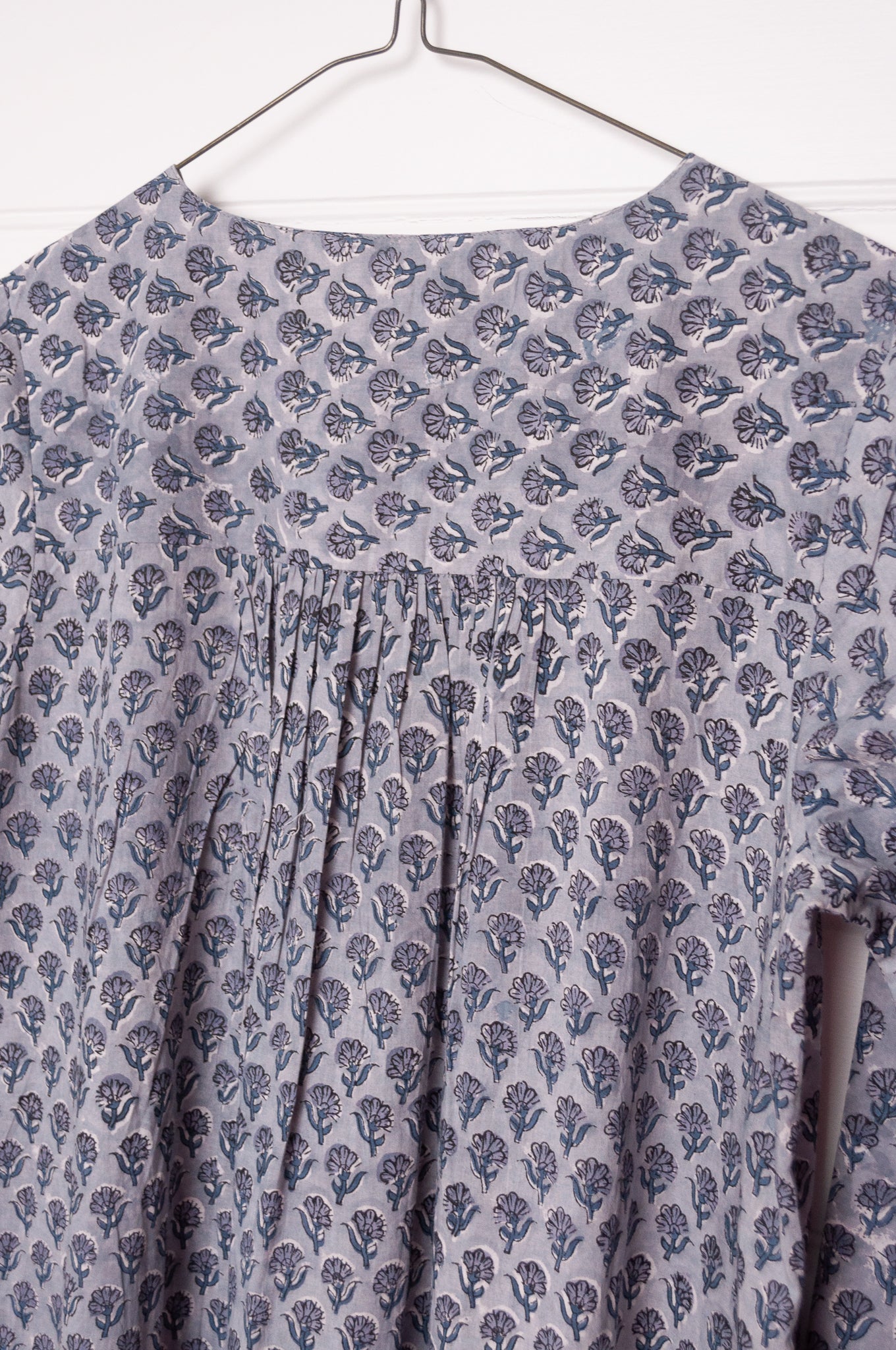 Juniper Hearth blockprint cotton Thea 3/4 sleeve dress in blue grey bhuti design.