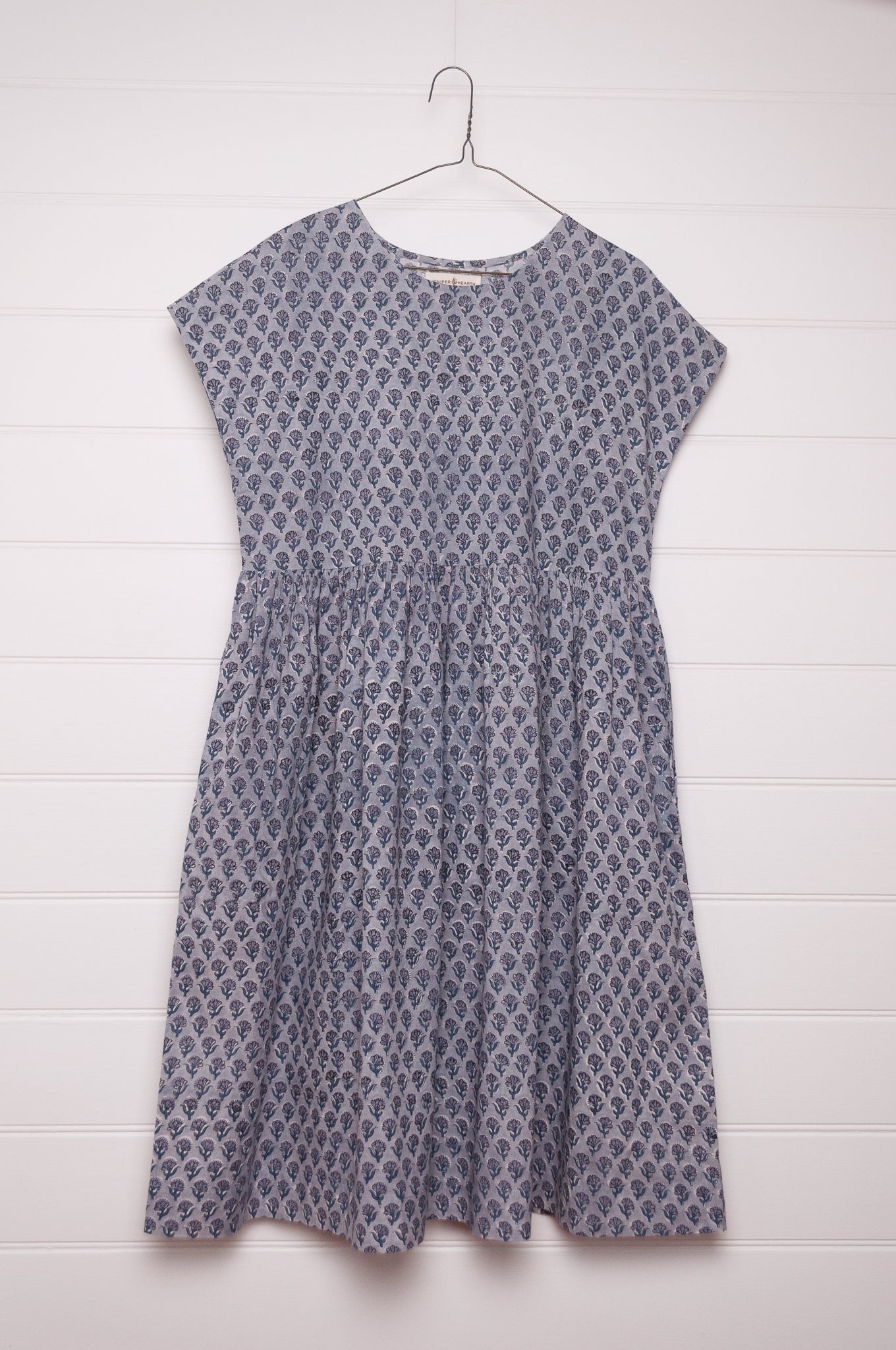 Juniper Hearth blockprint cotton Rosa dress in blue grey bhuti design.