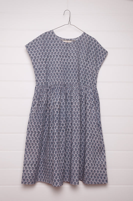 Juniper Hearth blockprint cotton Rosa dress in blue grey bhuti design.