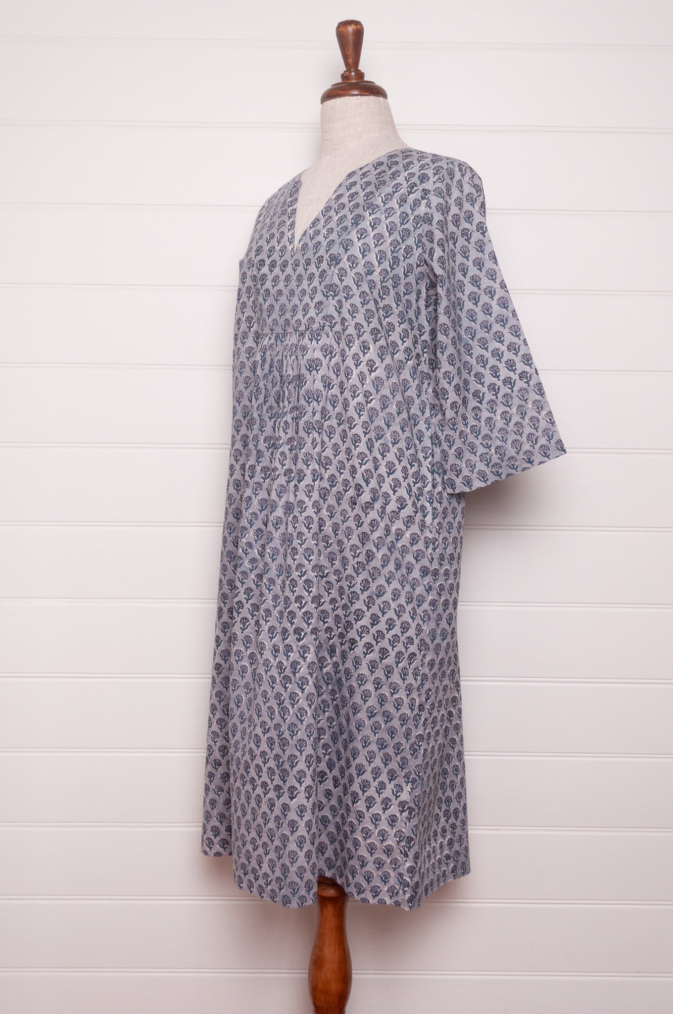 Juniper Hearth blockprint cotton Thea 3/4 sleeve dress in blue grey bhuti design.