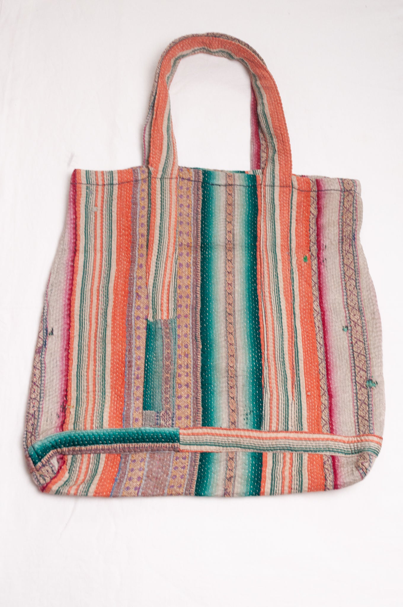 Vintage kantha quilt tote bag in multi coloured stripes.