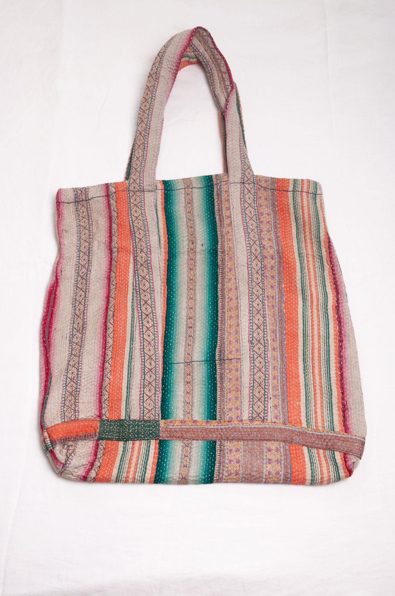 Vintage kantha quilt tote bag in multi coloured stripes.