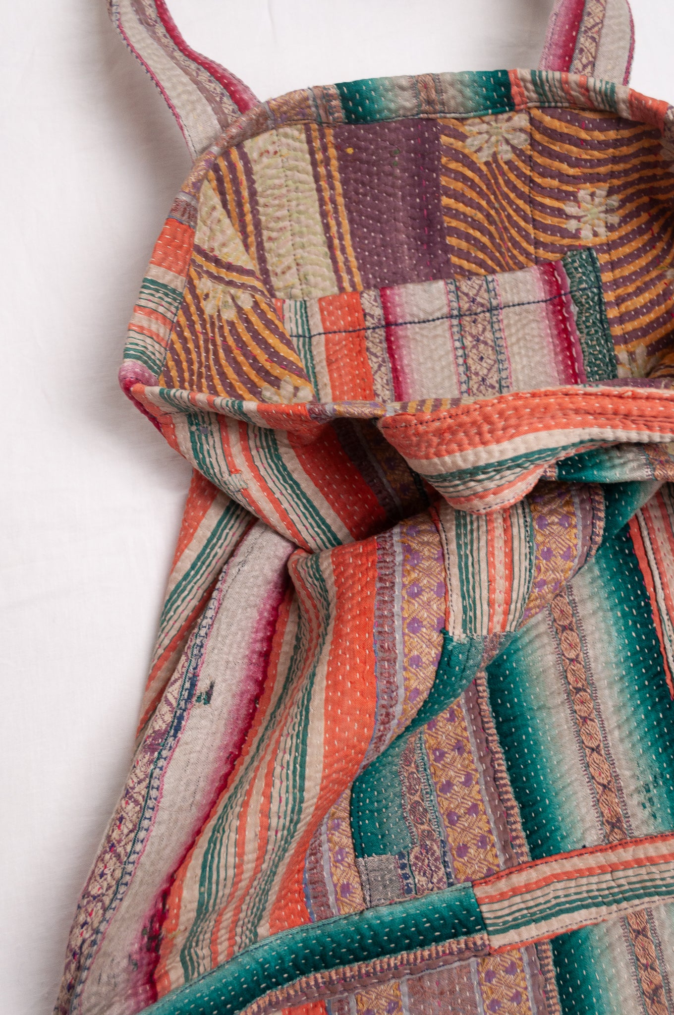 Vintage kantha quilt tote bag in multi coloured stripes.
