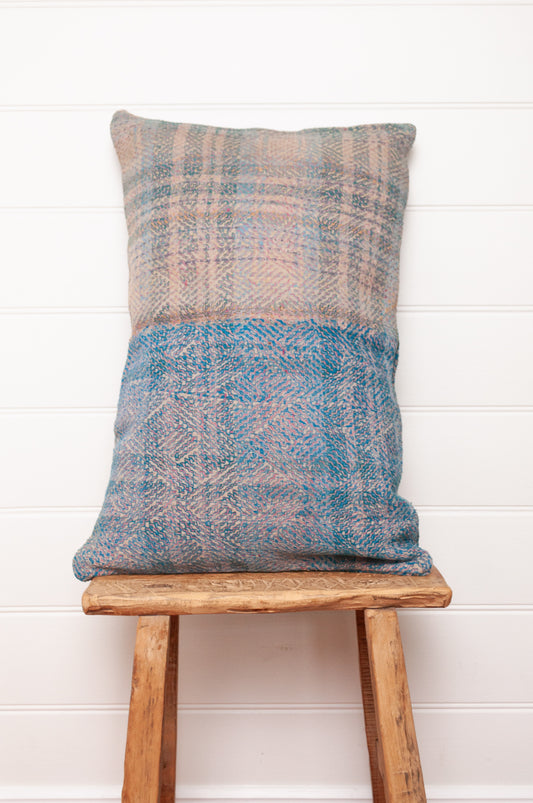Vintage indigo lohori kantha bolster cushion lavender and blue stripe with diamond stitching.