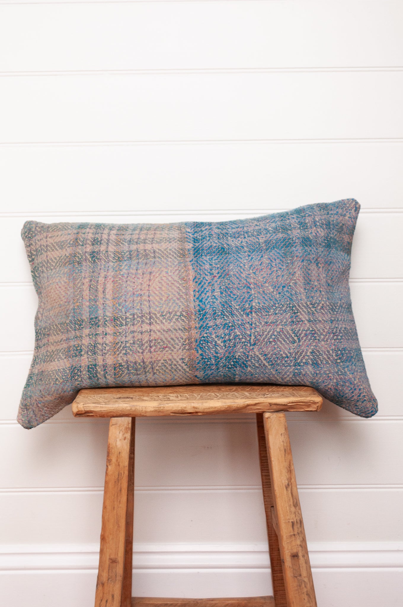 Vintage indigo lohori kantha bolster cushion lavender and blue stripe with diamond stitching.