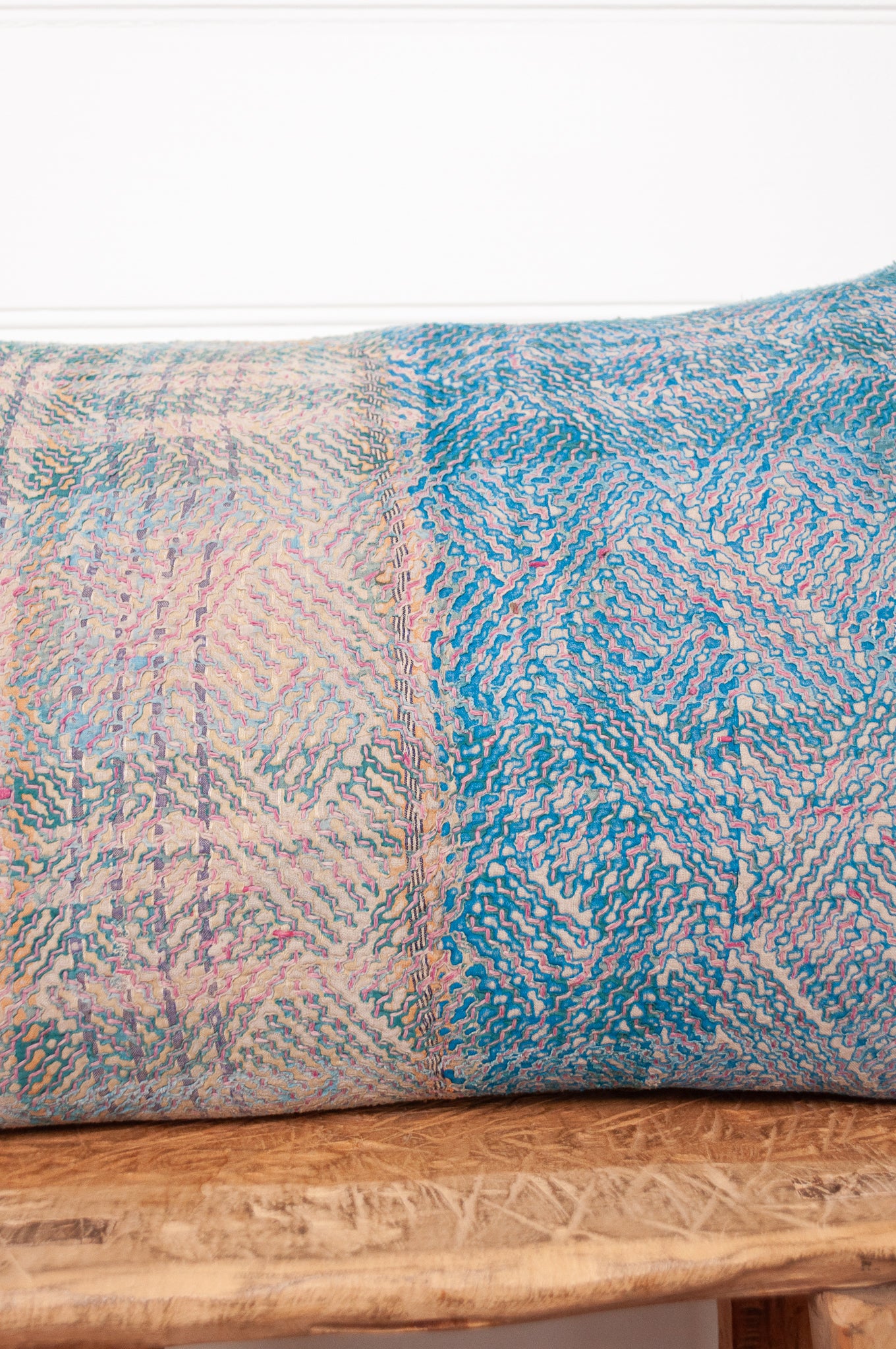 Vintage indigo lohori kantha bolster cushion lavender and blue stripe with diamond stitching.