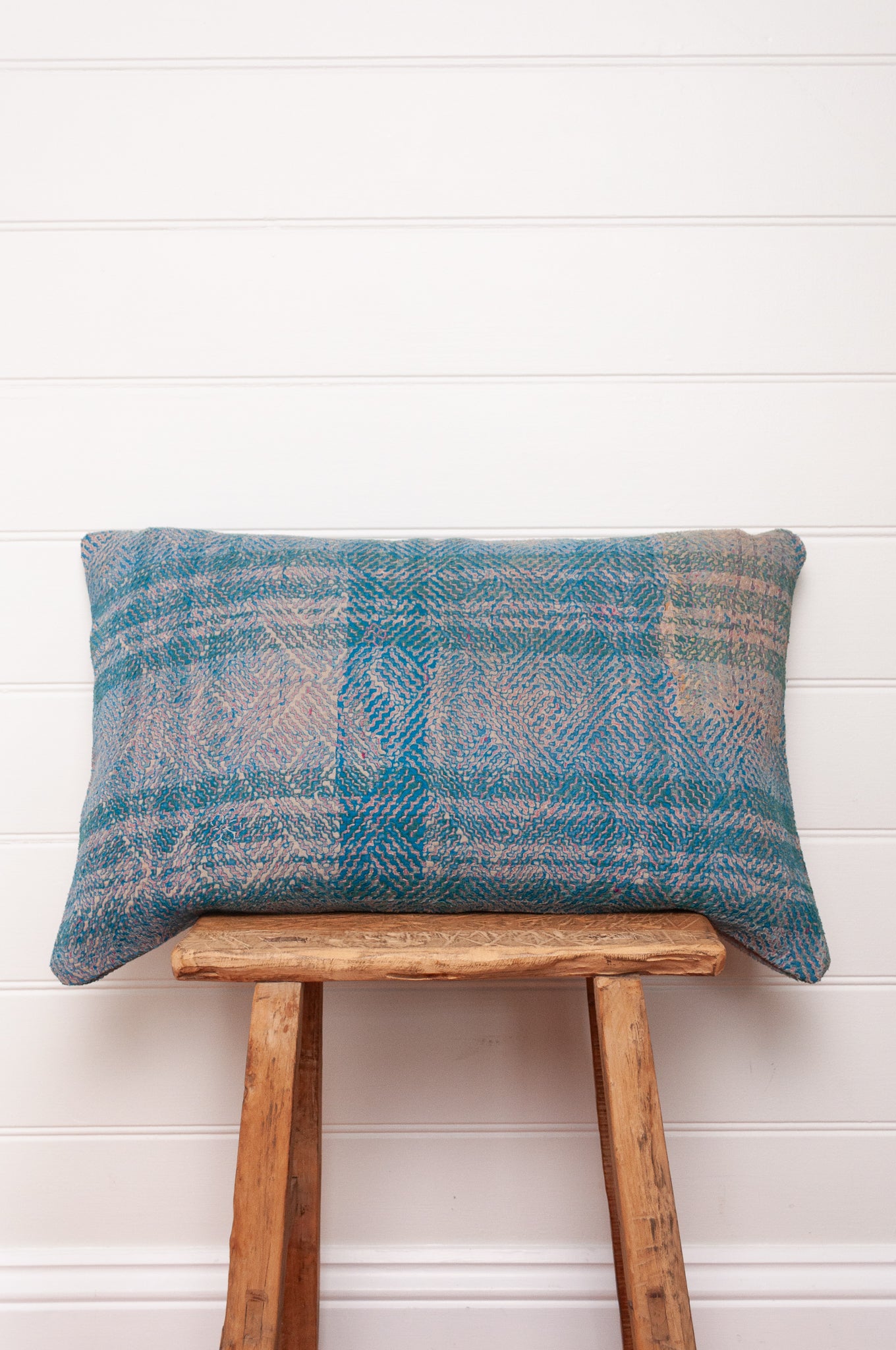 Vintage indigo lohori kantha bolster cushion lavender and blue stripe with diamond stitching.