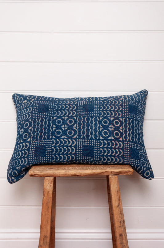 Vintage kantha bolster cushion - indigo patchwork