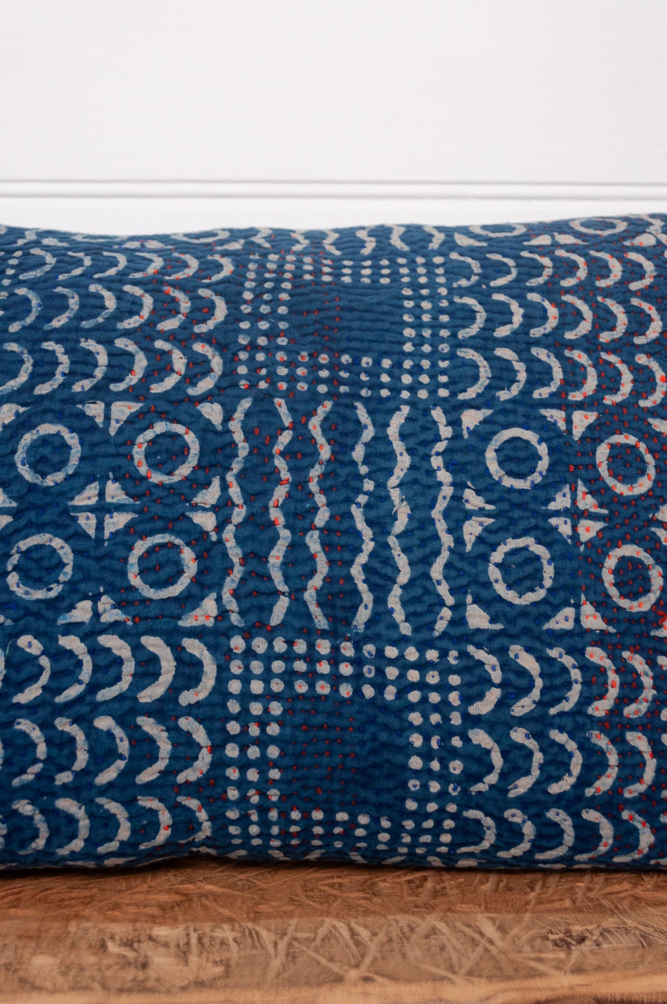 Vintage kantha bolster cushion - indigo patchwork