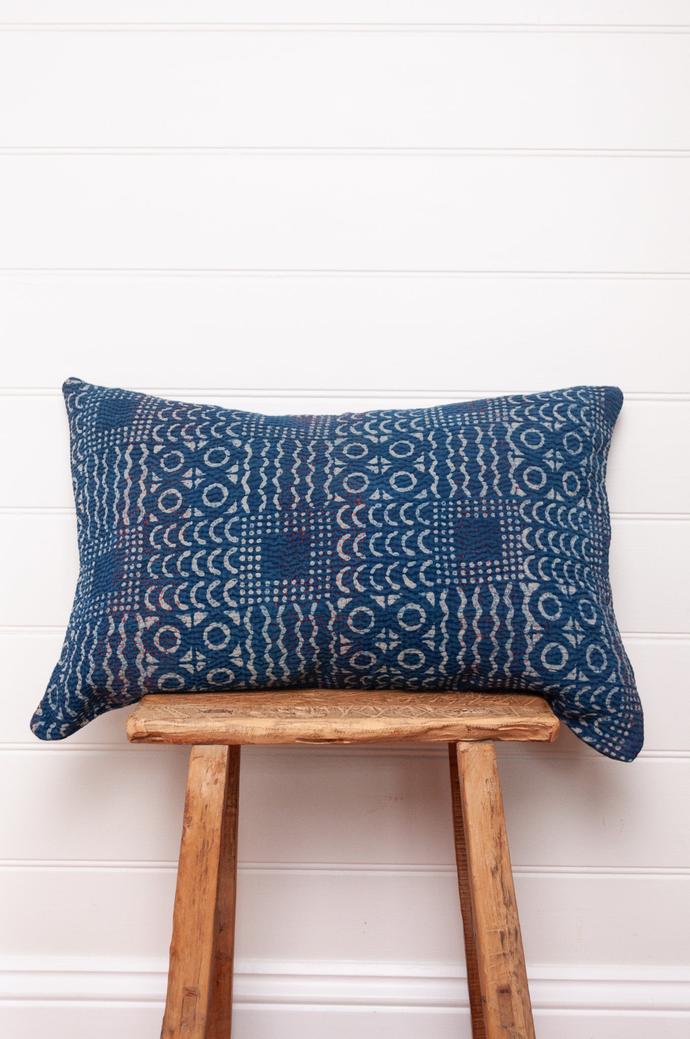 Vintage kantha bolster cushion - indigo patchwork