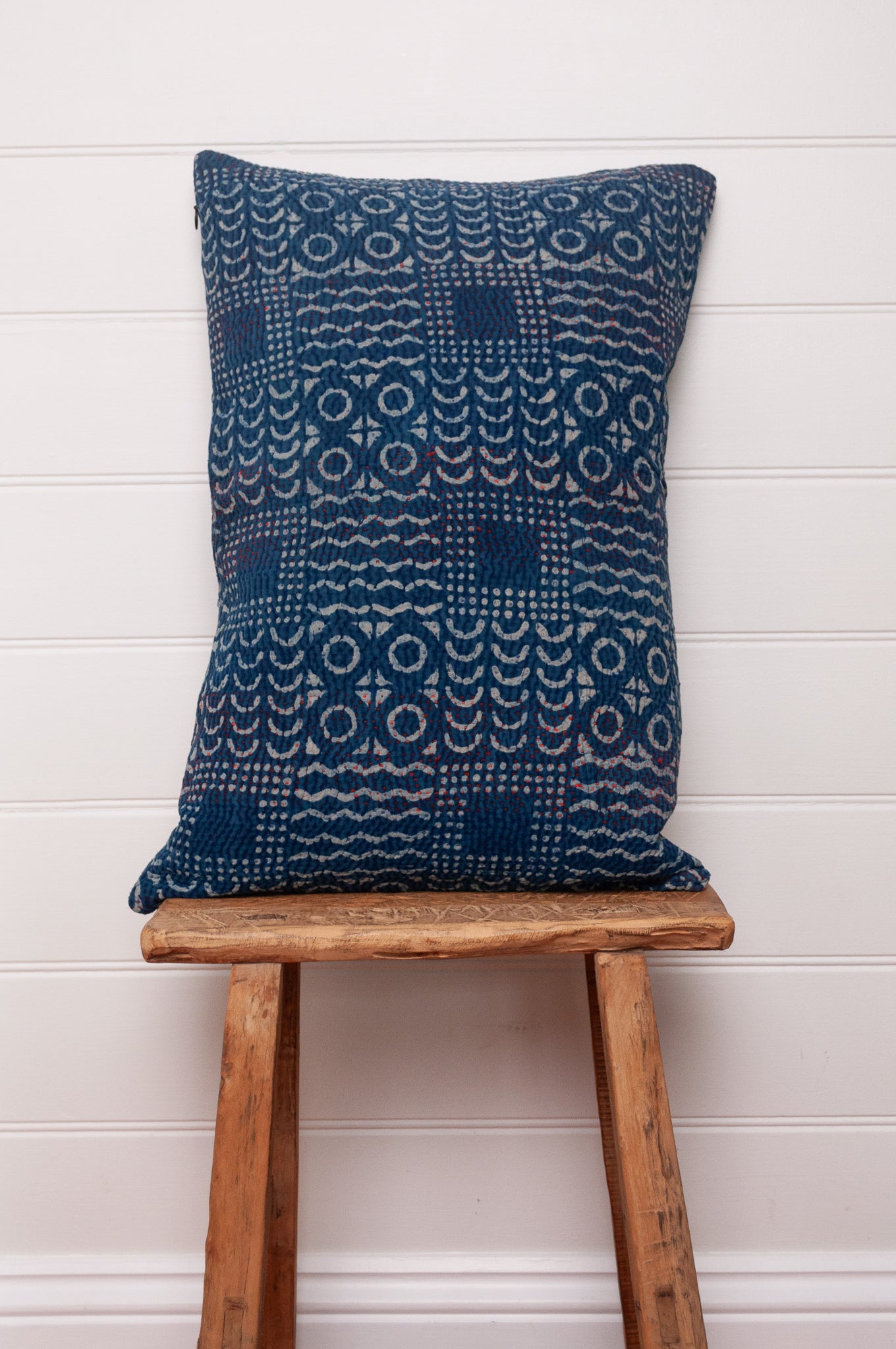 Vintage kantha bolster cushion - indigo patchwork