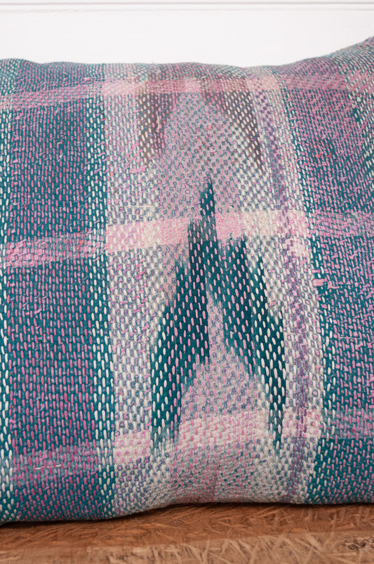 Vintage indigo lohori kantha cushion lavender stripe with chevrons.