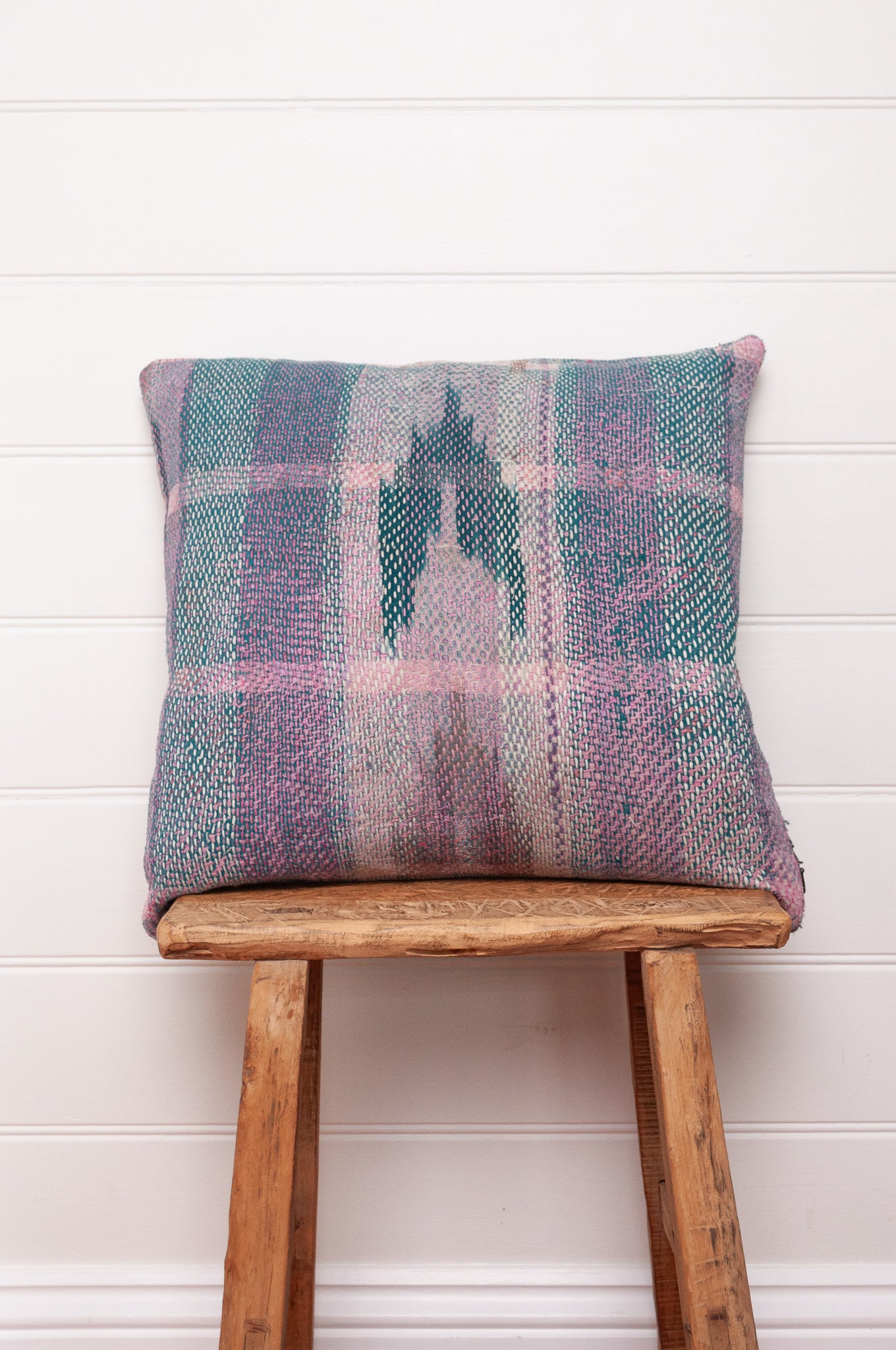 Vintage indigo lohori kantha cushion lavender stripe with chevrons.