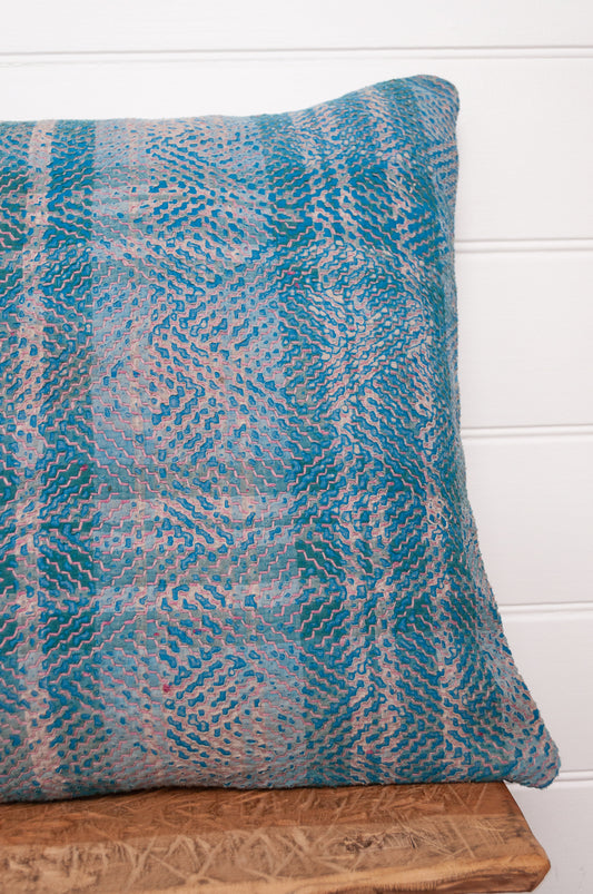 Vintage lohori kantha cushion lavender and blue stripe with diamond stitching.