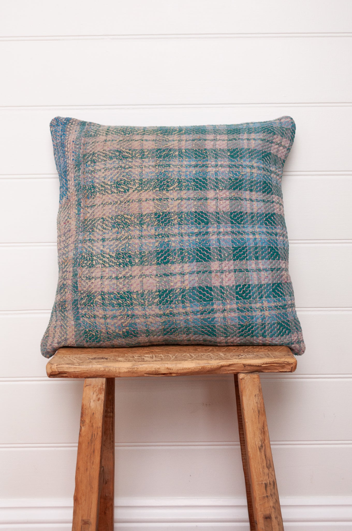 Vintage lohori kantha cushion lavender and blue stripe with diamond stitching.