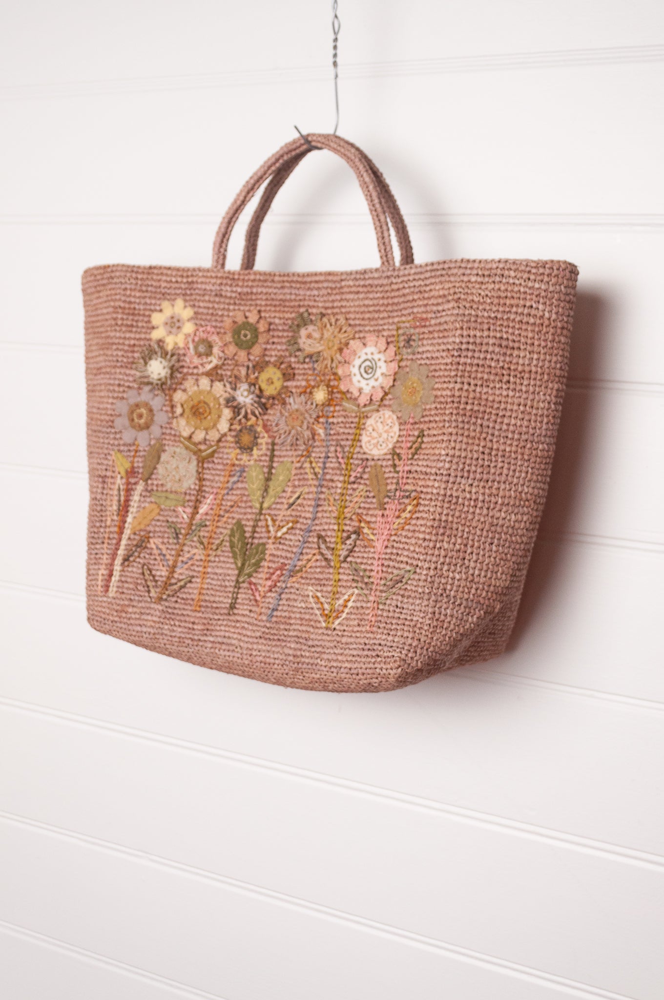Sophie Digard embroidered and appliqued raffia bag, in natural blush tones.