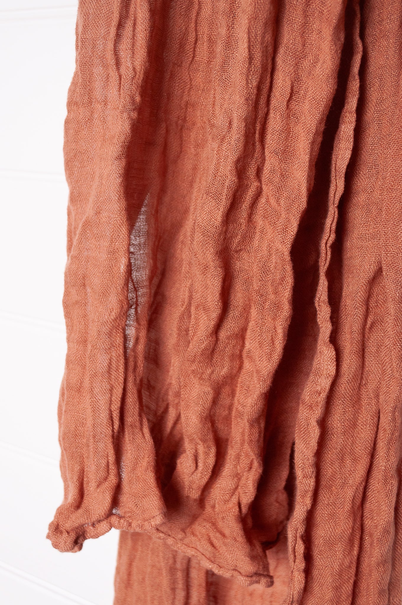 Linen gauze scarf in soft moccha brown.