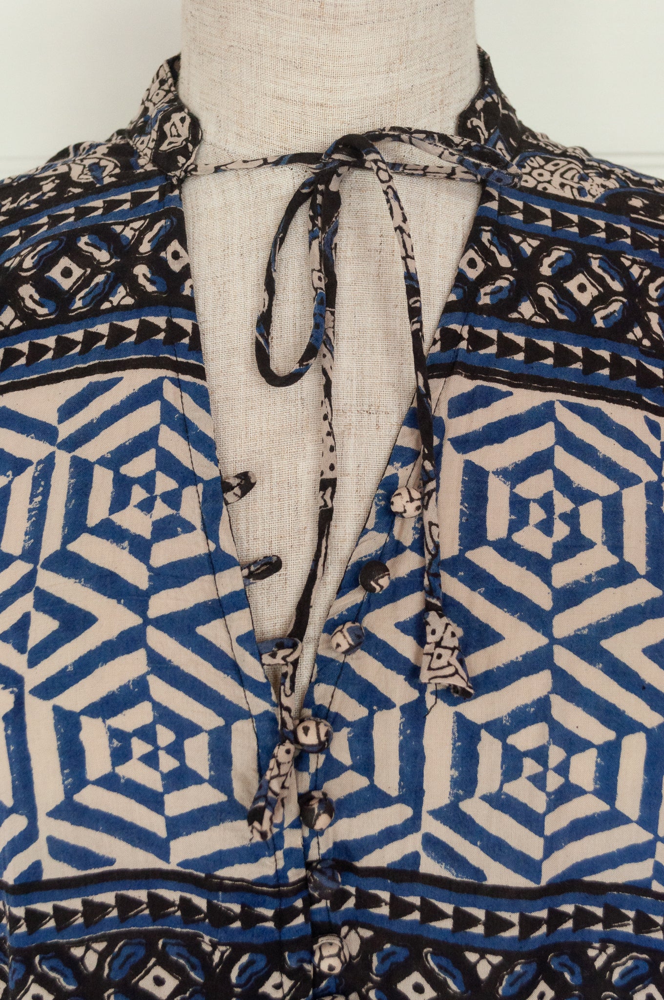 Bagru blockprint maxi dress in indigo and black and white tones.
