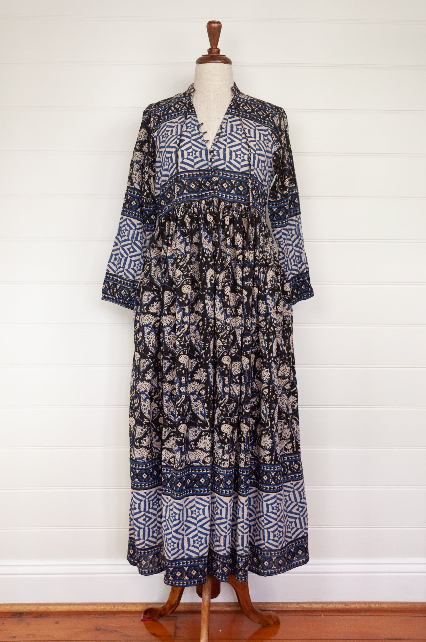 Bagru blockprint maxi dress in indigo and black and white tones.