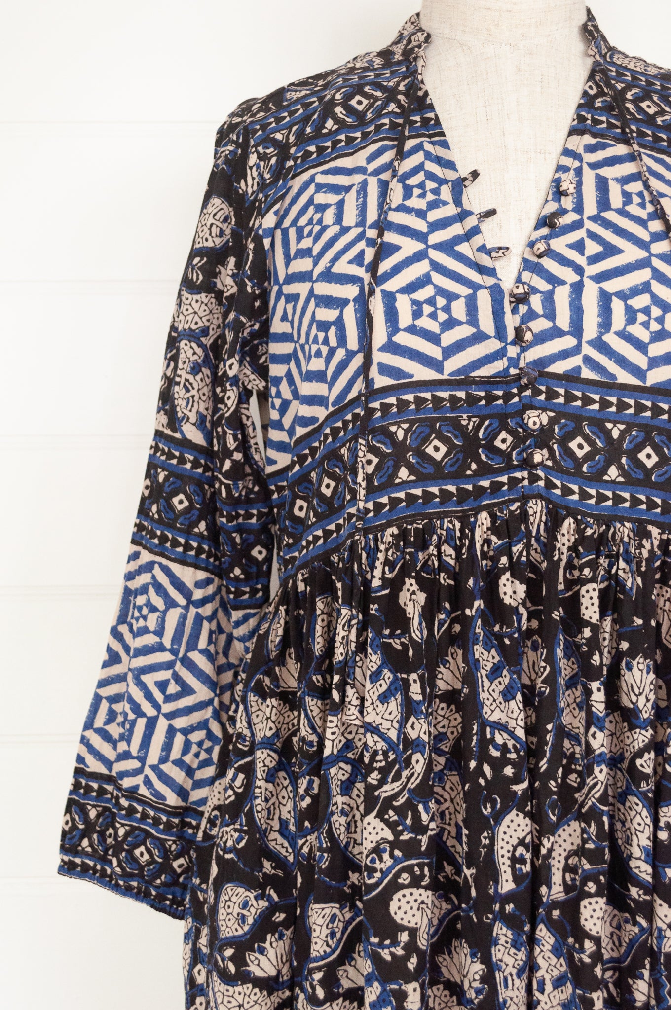 Bagru blockprint maxi dress in indigo and black and white tones.