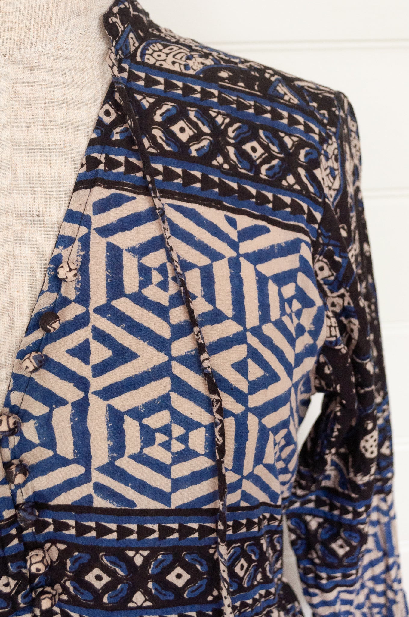 Bagru blockprint maxi dress in indigo and black and white tones.