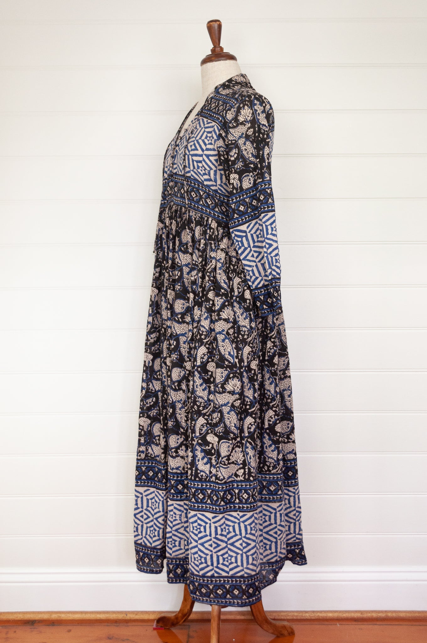 Bagru blockprint maxi dress in indigo and black and white tones.