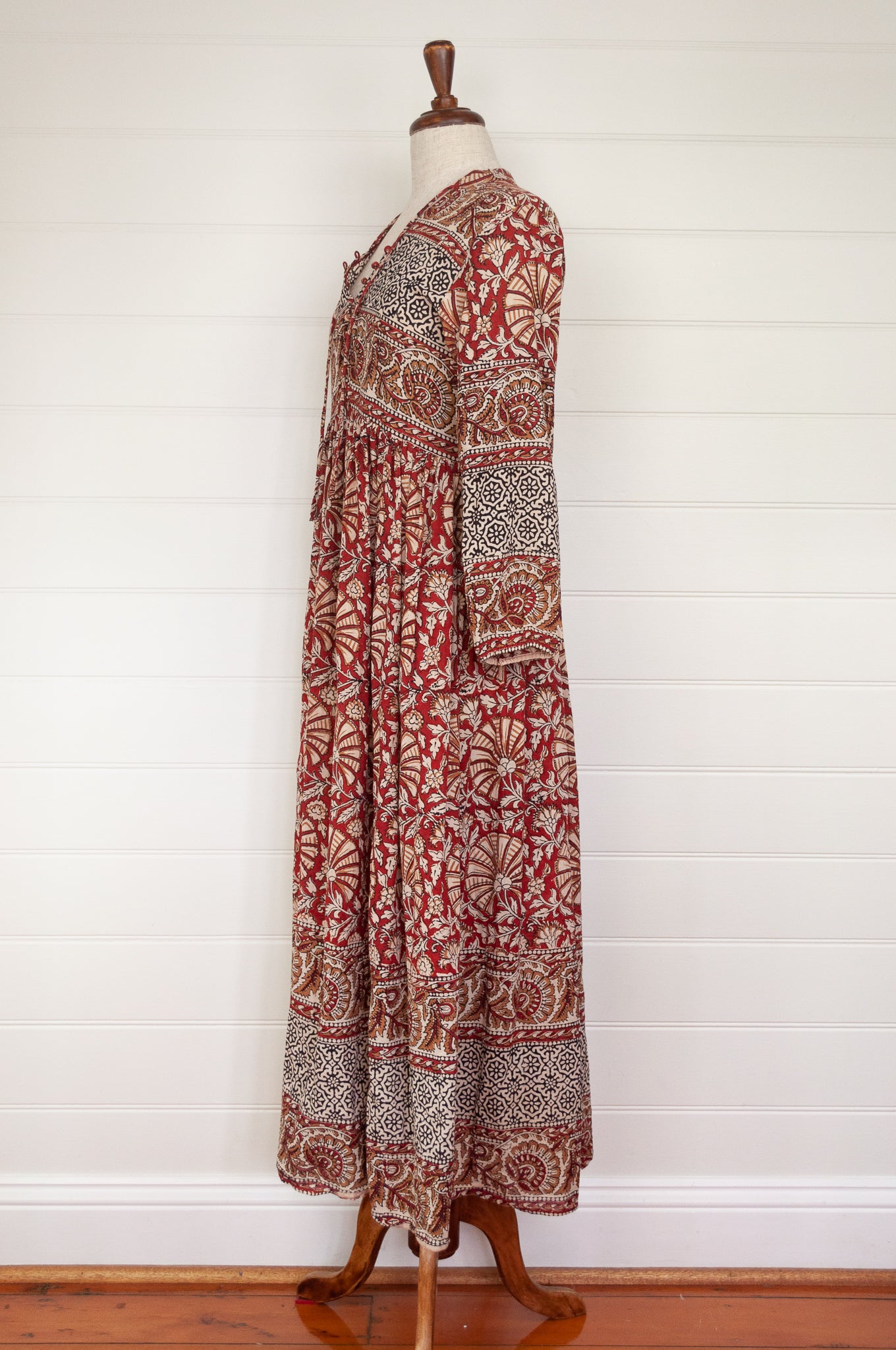 Bagru blockprint maxi dress in rust and black and white tones.