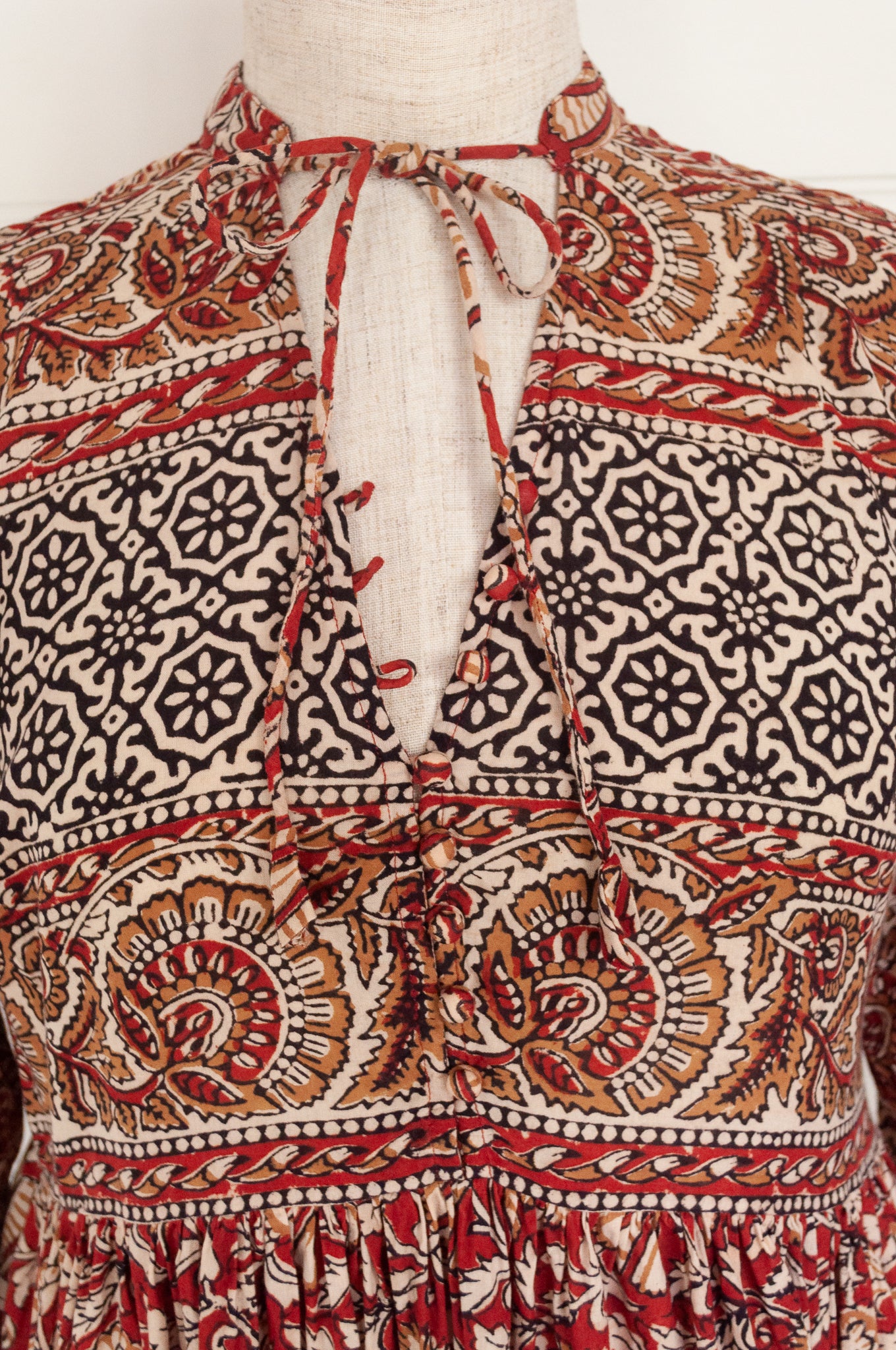 Bagru blockprint maxi dress in rust and black and white tones.