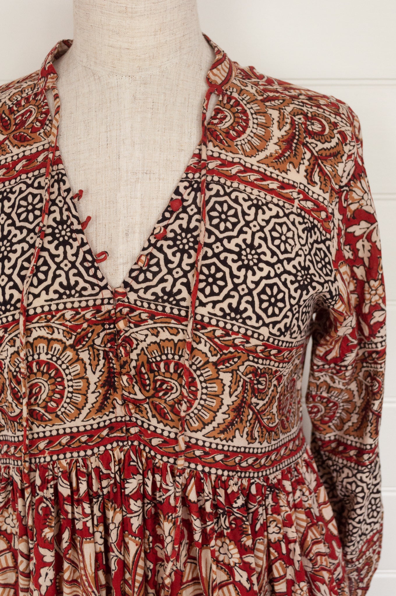 Bagru blockprint maxi dress in rust and black and white tones.