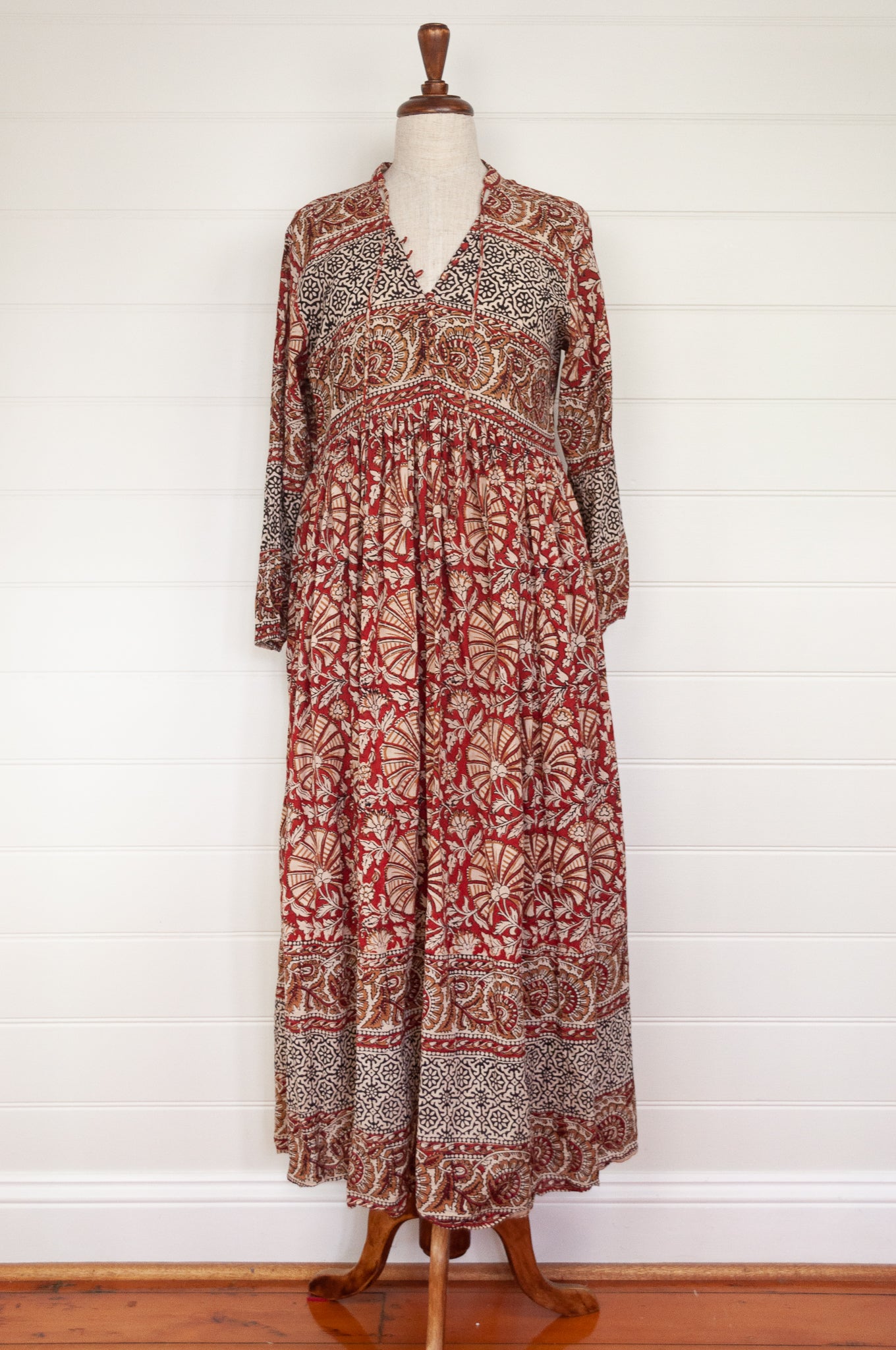 Bagru blockprint maxi dress in rust and black and white tones.