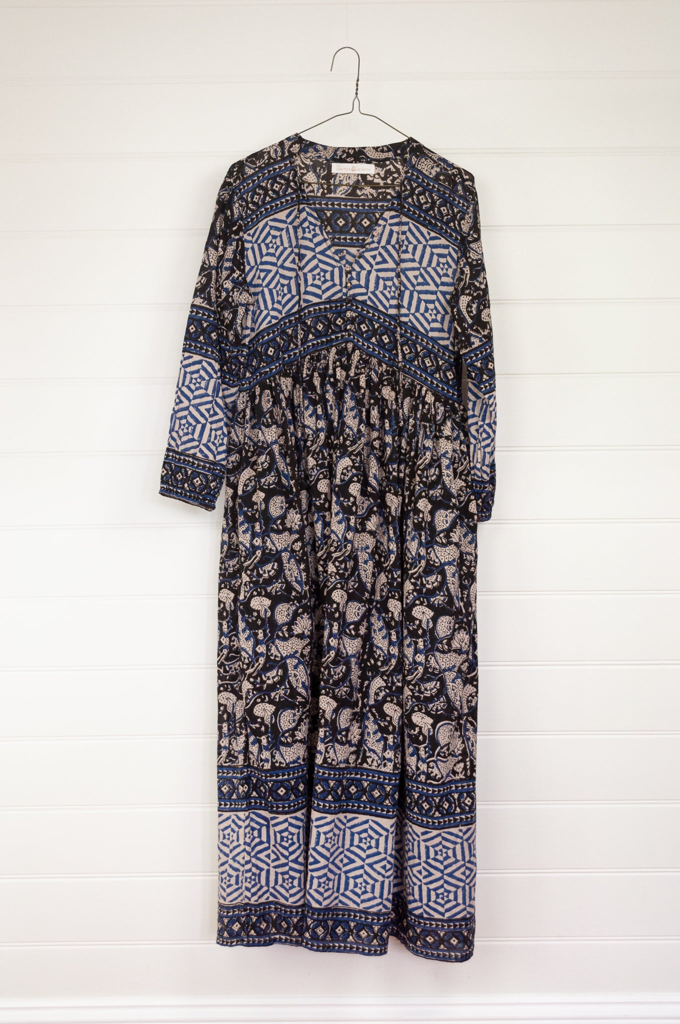 Bagru blockprint maxi dress in indigo and black and white tones.