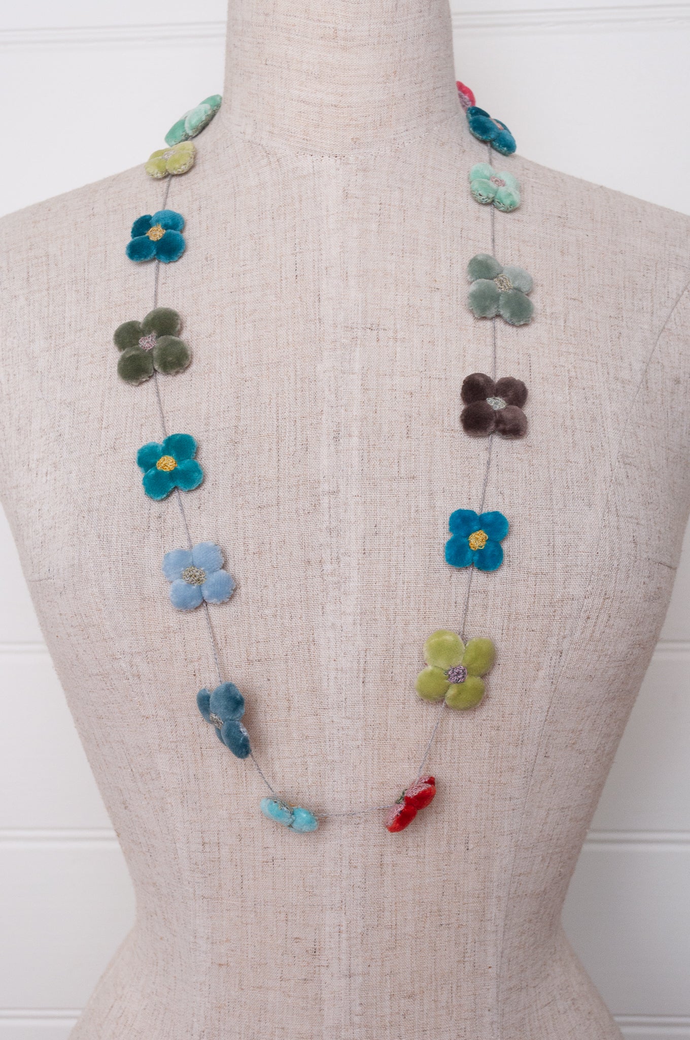 Sophie Digard classic cotton velvet four petal flower necklace in cheerful bright pastels.